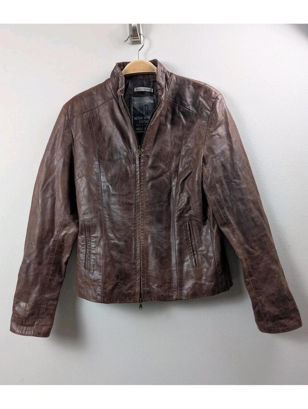 M&R Moda in Pelle Firenze Brown Italian Leather Jacket Motorcycle Full Zip S-M